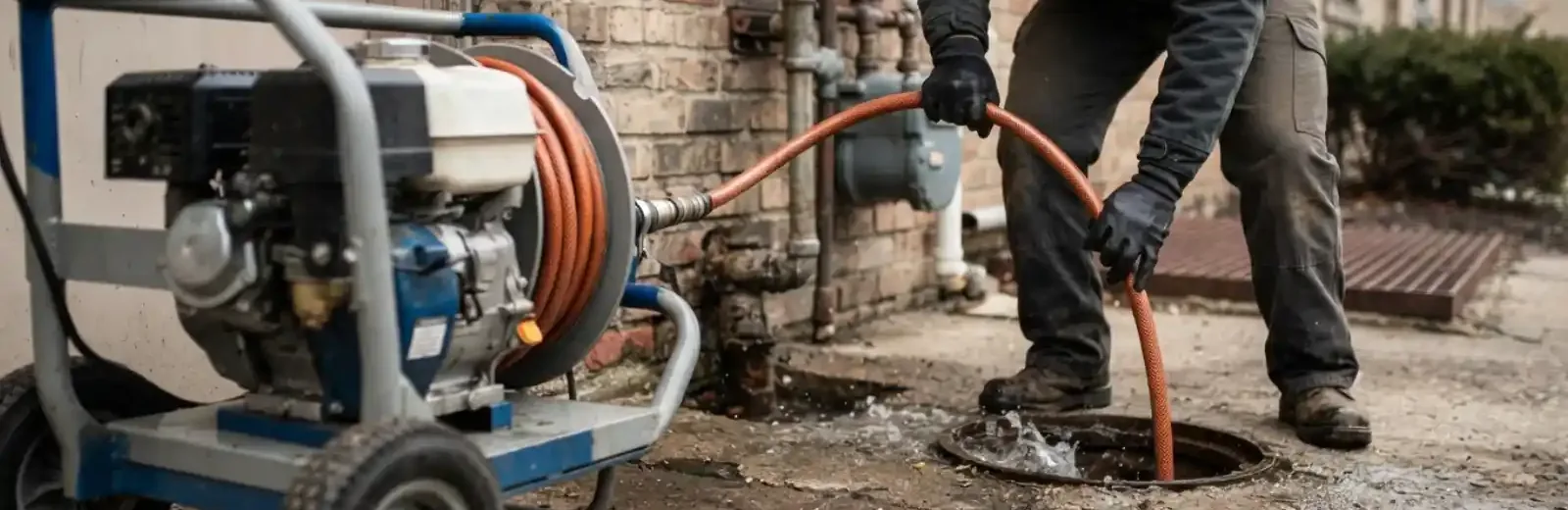 Plumber feeding a jetter hose into a drain cleanout beside a house
