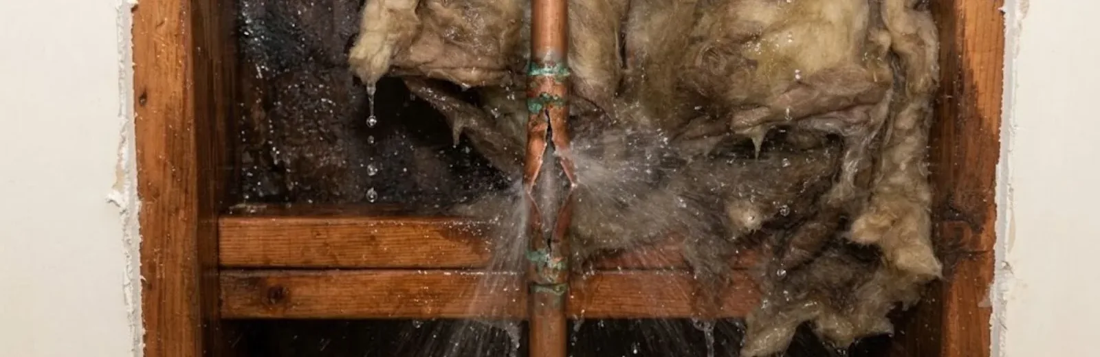 Burst pipe spraying water inside an opened wall cavity
