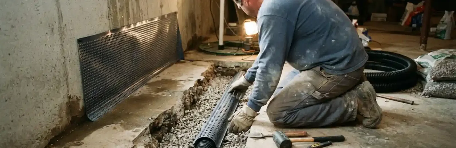 Worker laying interior drain tile along a basement wall