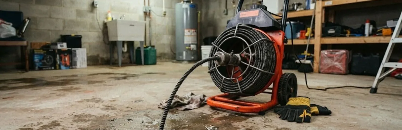 Drain cleaning machine with cable ready at a basement floor drain