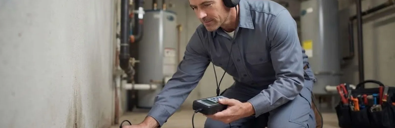 Technician with headphones and a leak detector checking a basement floor