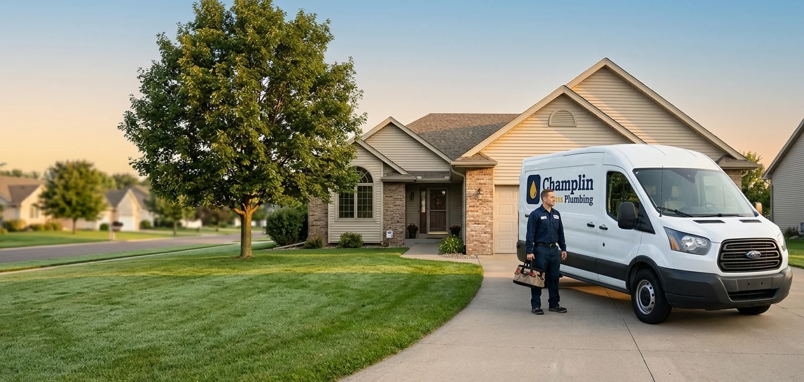 Champlin Express Plumbing van and plumber outside a Champlin, MN home