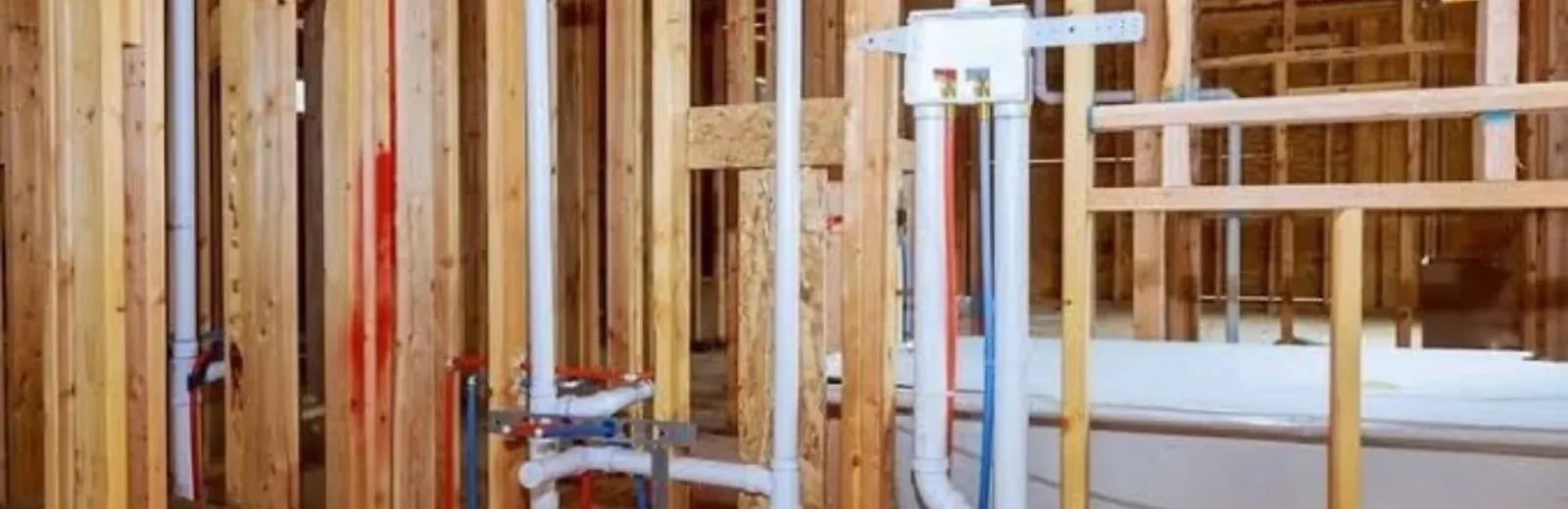 Rough-in plumbing pipes in open wall framing next to a bathtub