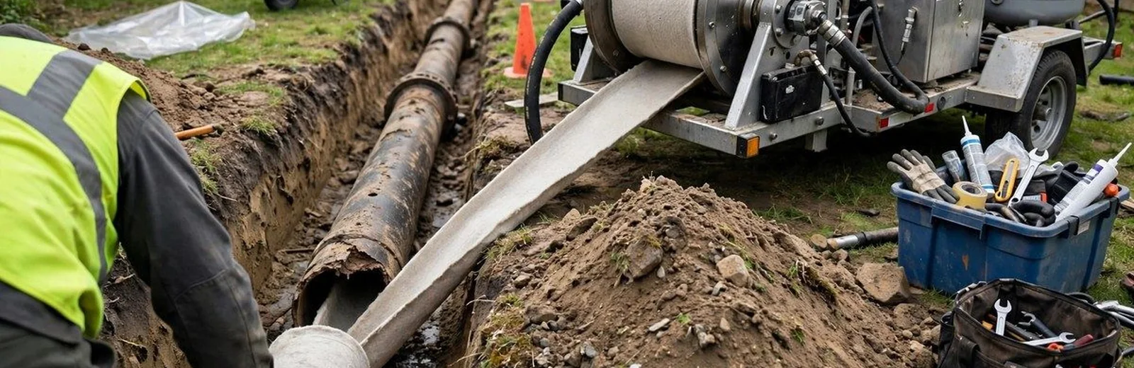Open yard trench exposing an old sewer line during repair