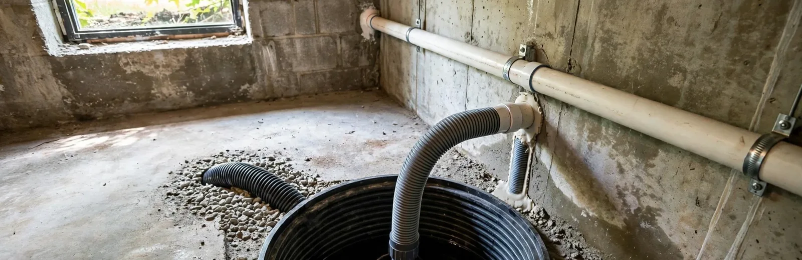 Sump pump basin with discharge pipe in a basement floor