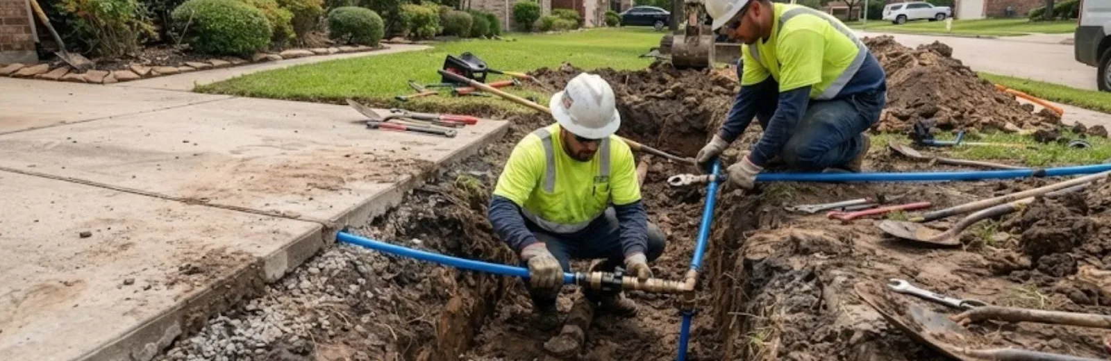 Crew repairing a blue water service line in a front yard trench